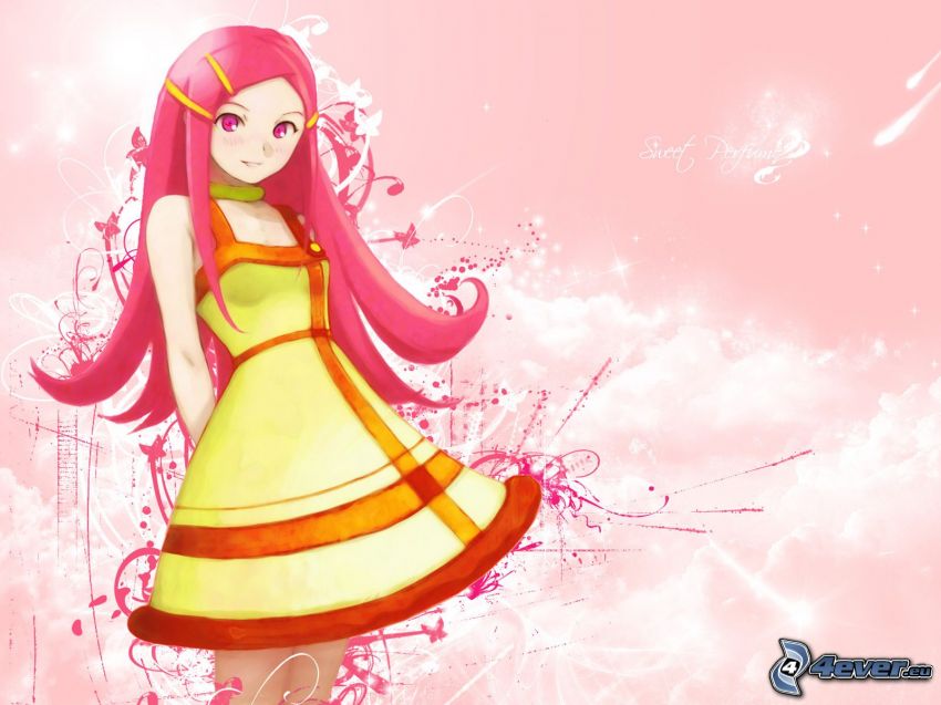 anime fille, cheveux rouge, robe jaune
