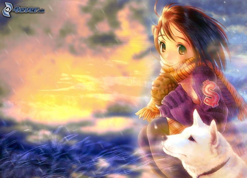 anime fille, chien blanc