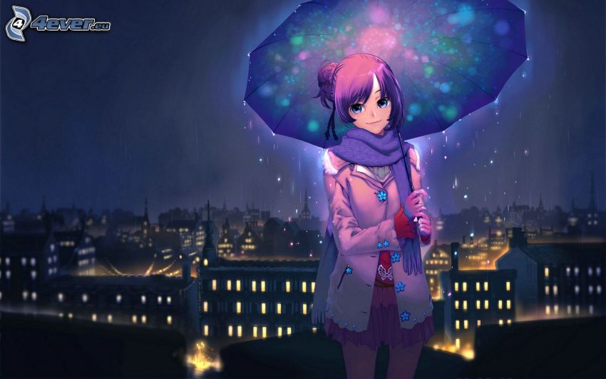 anime fille, parapluie, ville dans la nuit