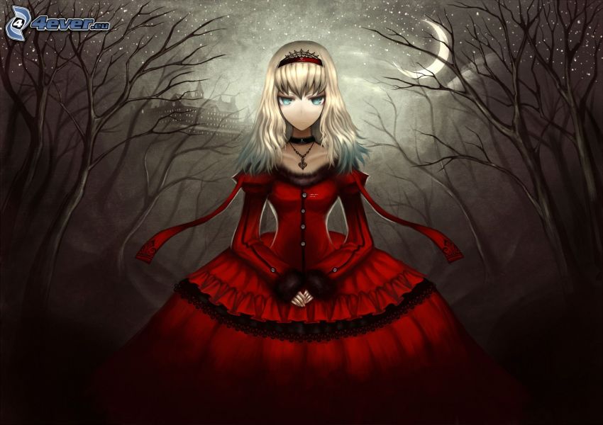 anime fille, robe rouge, nuit