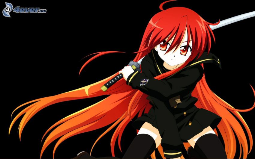 Anime guerrier, cheveux rouge, cheveux longs