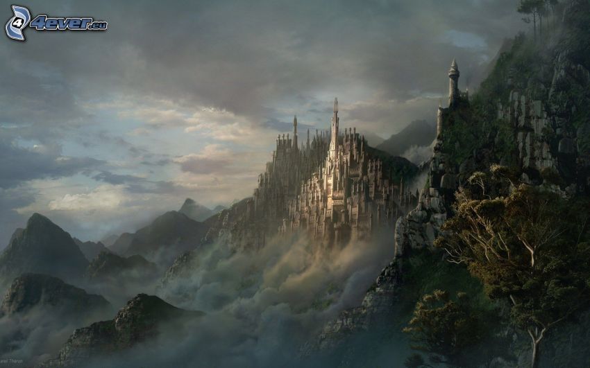 château fantastique, paysage, brouillard