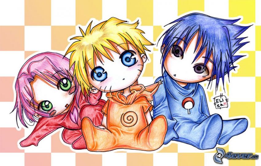 enfants dessinés, Sakura, Naruto, Sasuke