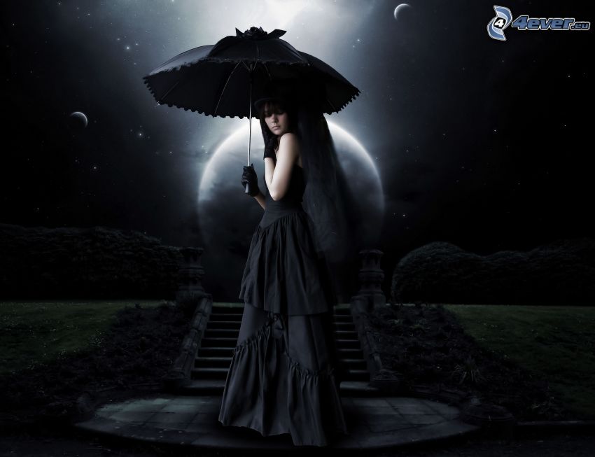 femme avec un parapluie, lune