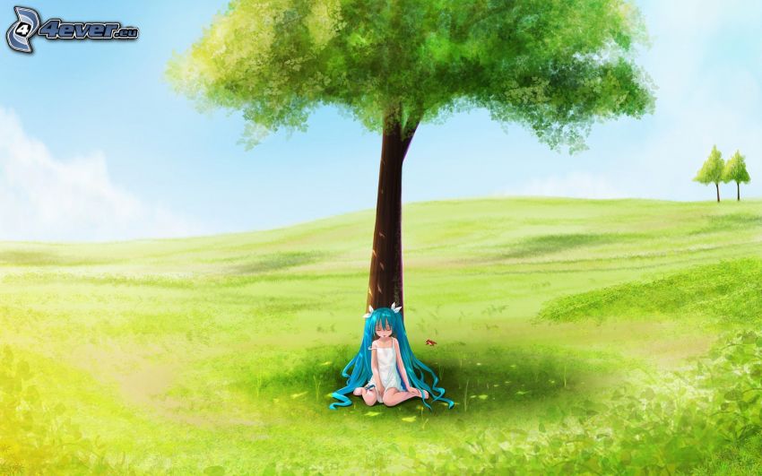 Hatsune Miku, anime fille, arbre, prairie en été