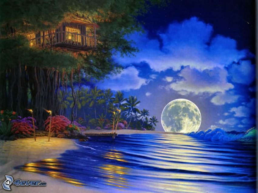 lune, mer, nuit, maison sur l'arbre