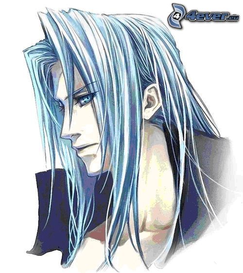 Sephiroth, dessin, cheveux turquoise, bleu