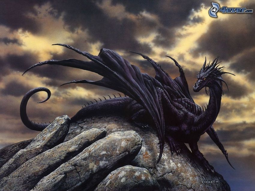 dragon noir, rocher, nuages