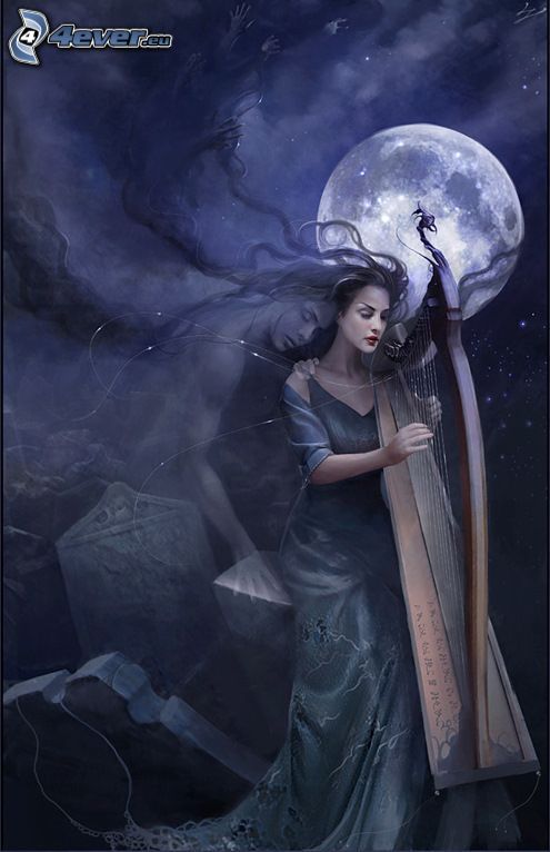 femme avec une harpe, lune, des fosses