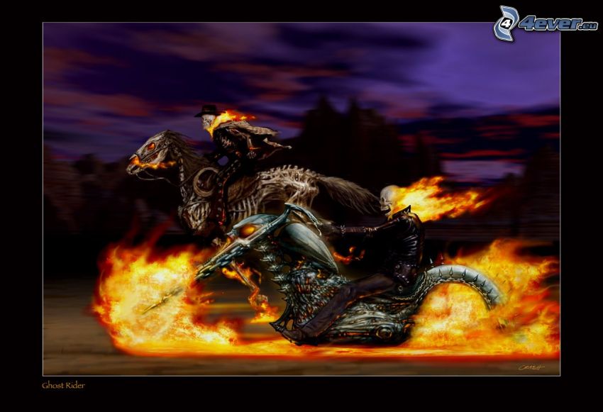 Ghost Rider, tête de mort, feu, course, squelette, cheval