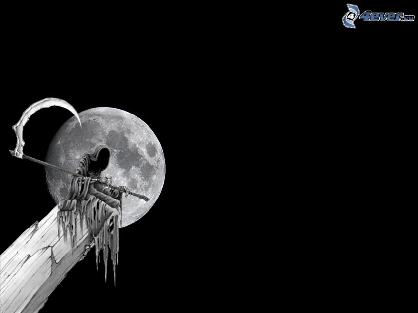 Grim Reaper, tête de mort, mort, lune pleine, faux