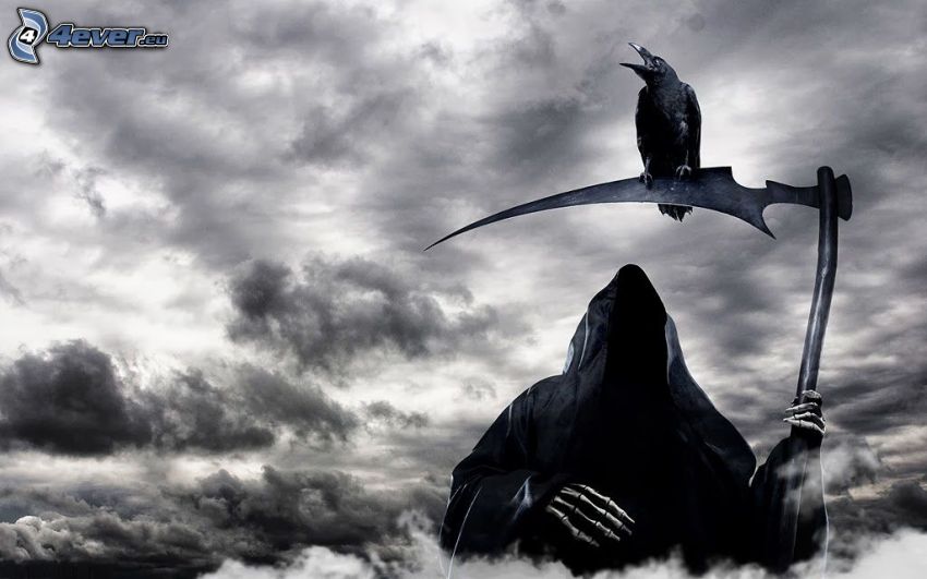 tête de mort, faux, le corbeau, nuages sombres