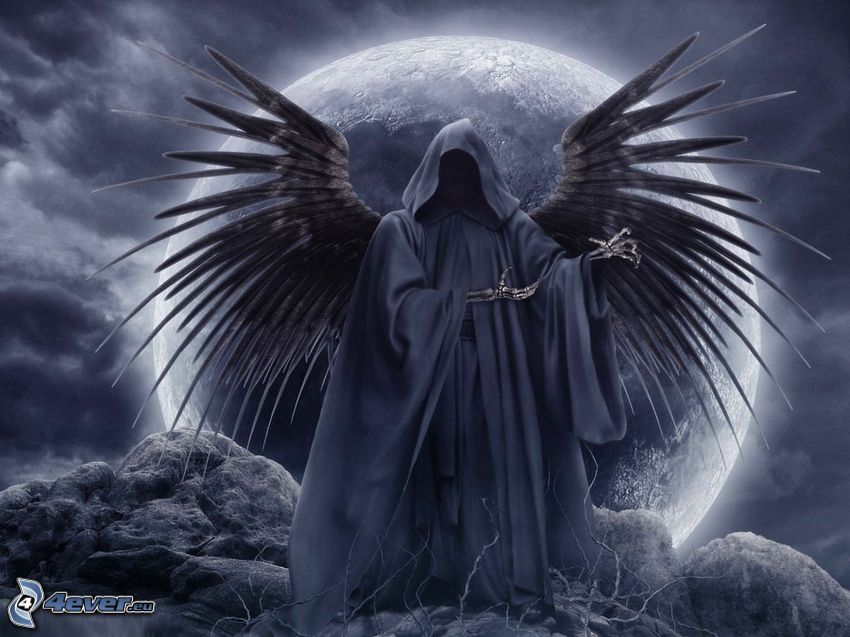 tête de mort sombre, ailes noires, lune, mort