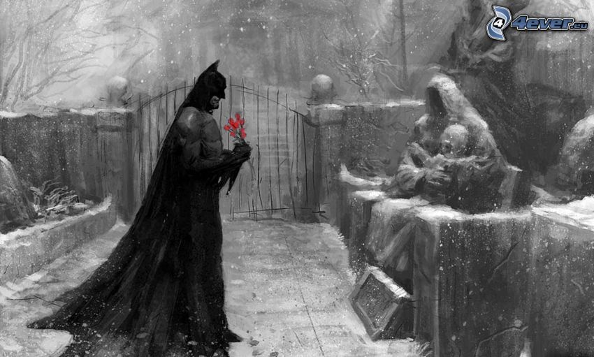 Batman, chute de neige, bouquet de roses