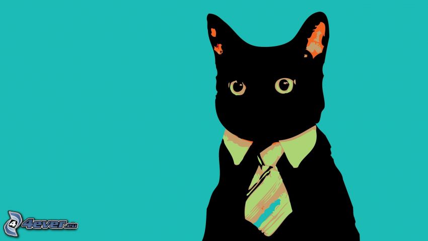 chat dessiné, cravate, chat noir