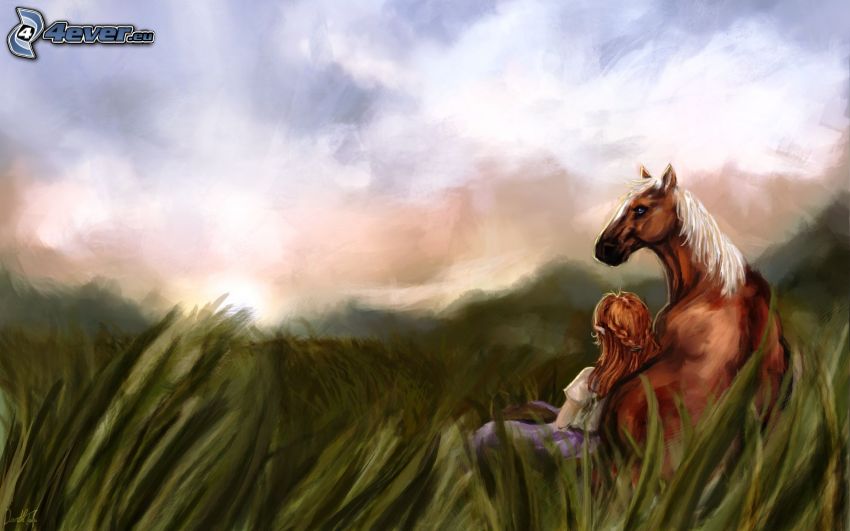 cheval, fille, prairie