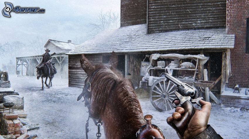 cow-boy, main, pistolet, cheval brun, maison, neige