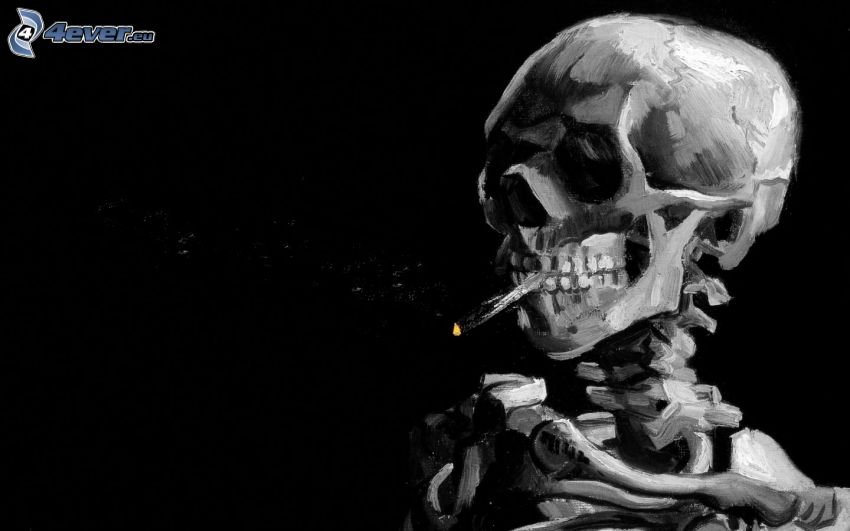 crâne, squelette, cigarette, fumerie