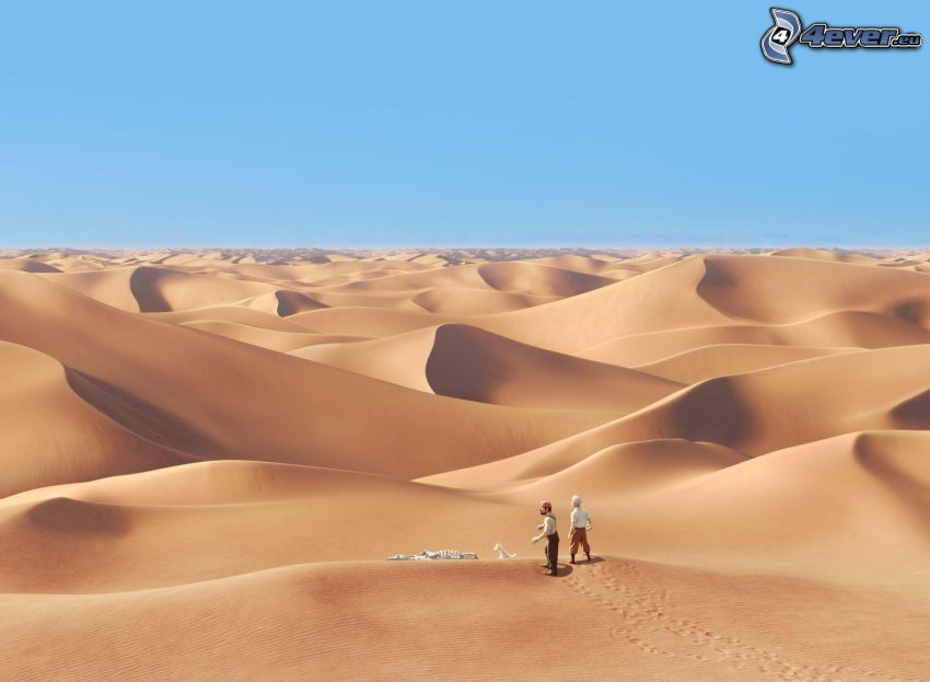 désert, dunes de sable, hommes, squelette, chien blanc