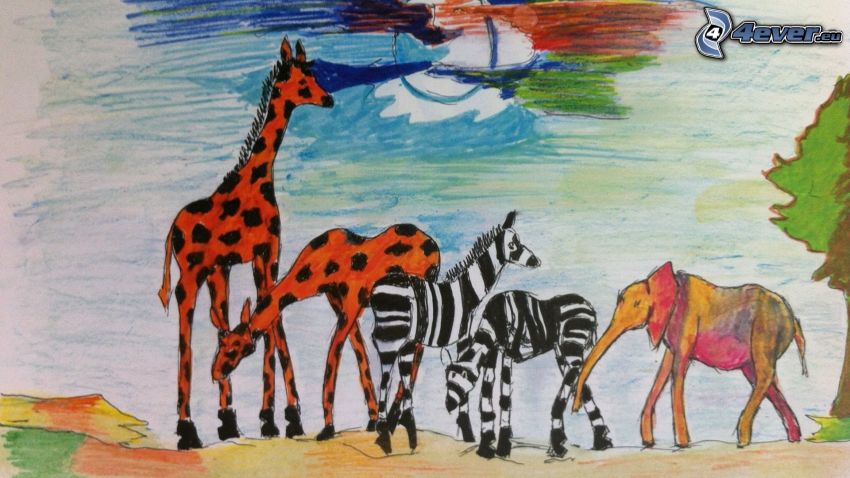 animaux, girafes, zébras, éléphant