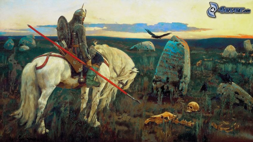 chevalier, cheval blanc, des fosses, squelette, peinture