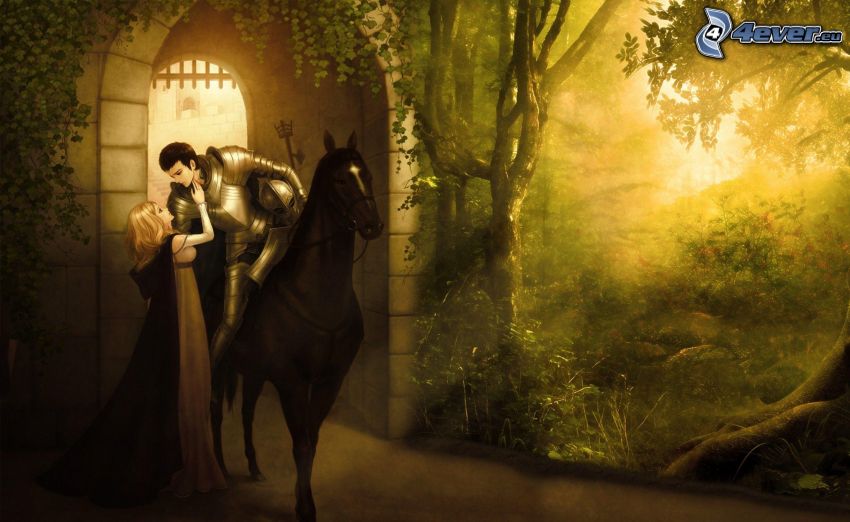 couple, cheval brun, portail, rayons de soleil dans la forêt