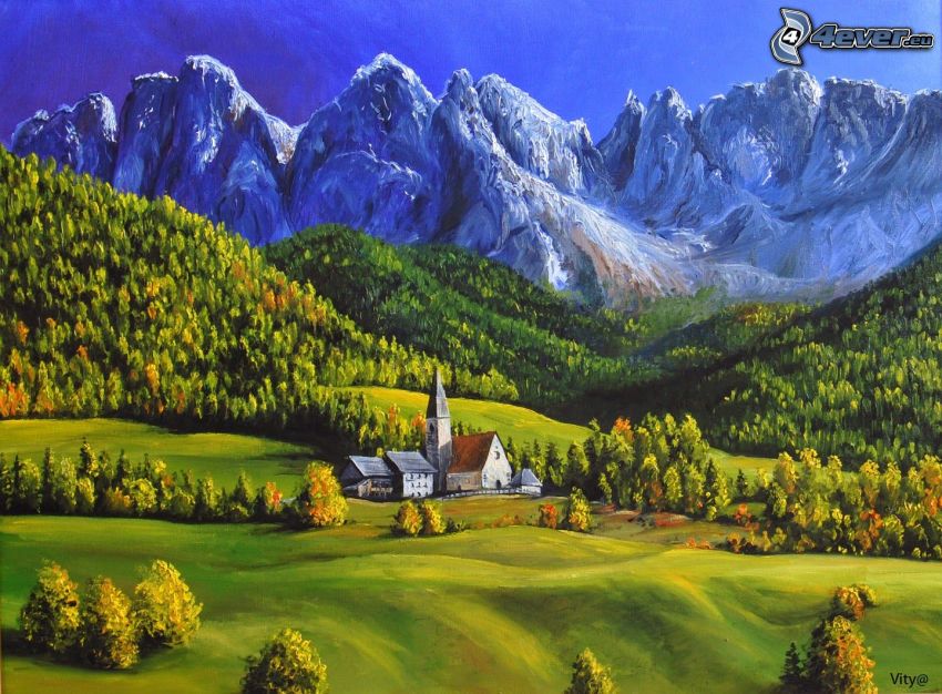 Dolomites, église, montagnes rocheuses, forêt