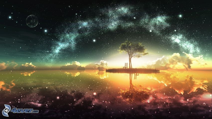 arbre solitaire, chaise, lac, ciel étoilé, Voie lactée, lune, étoiles