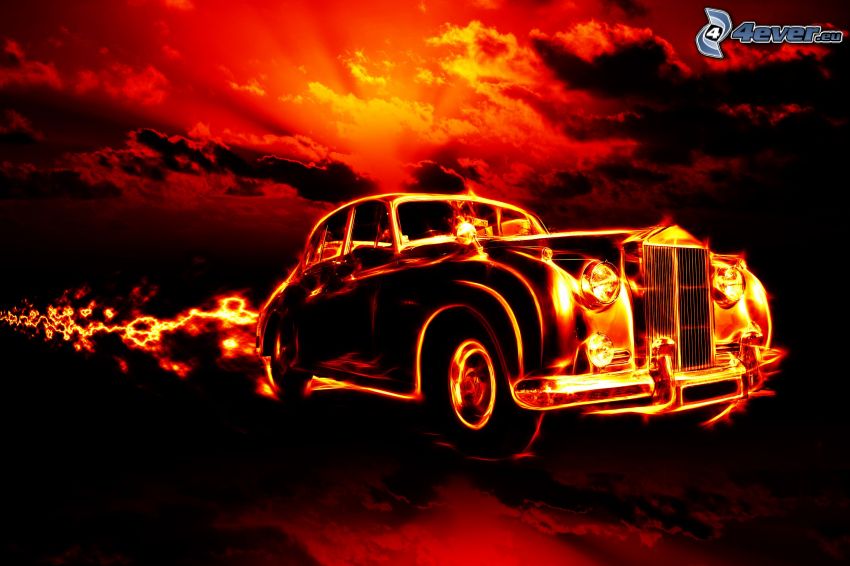 automobile de collection, feu, ciel orange