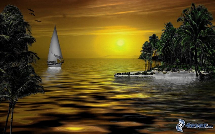 bateau à mer, coucher du soleil, île