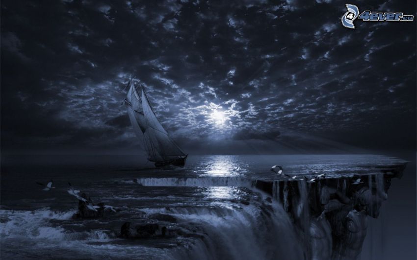 bateau à voile, navire, falaise, coucher du soleil sombre