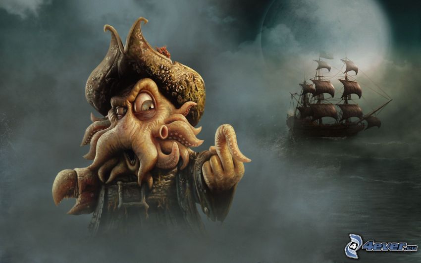 Davy Jones, caricature, Pirates des Caraïbes, bateau à voile, geste