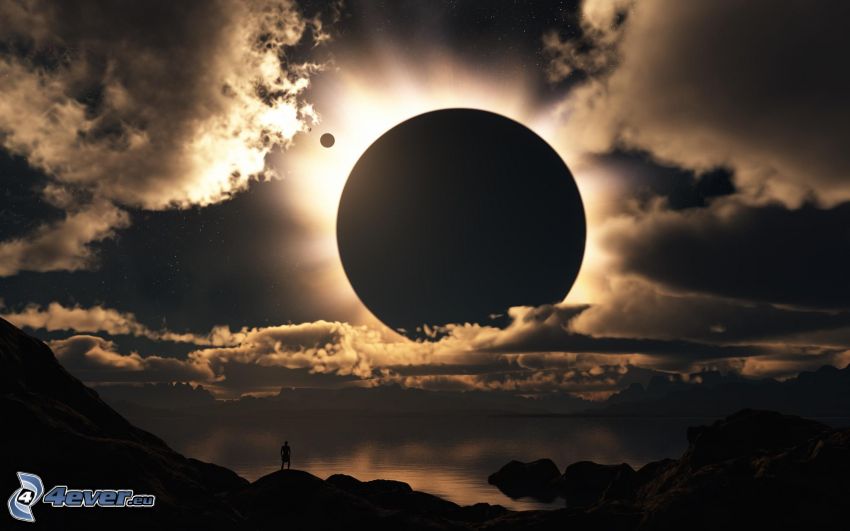 éclipse solaire, planète, nuages