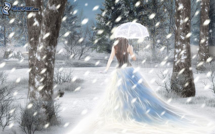fée, parapluie, forêt, chute de neige