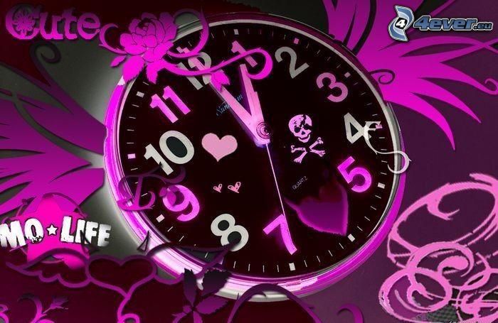 horloge, cœur, tête de mort, violet