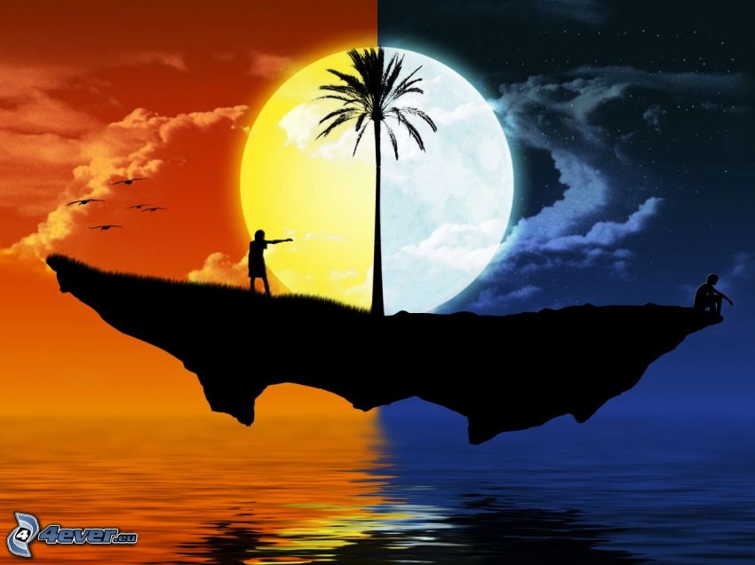 jour et nuit, île volant, palmier, soleil, lune, silhouette du couple