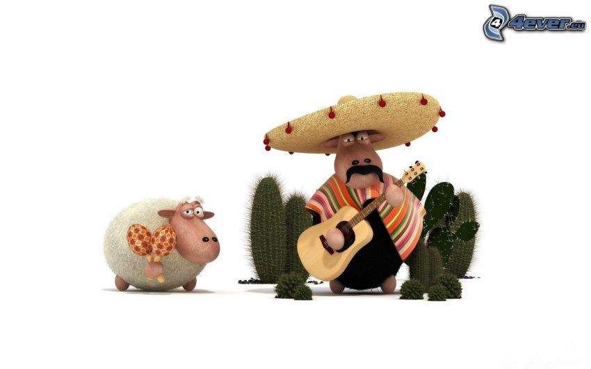 Mexicain, mouton, guitare, cactus