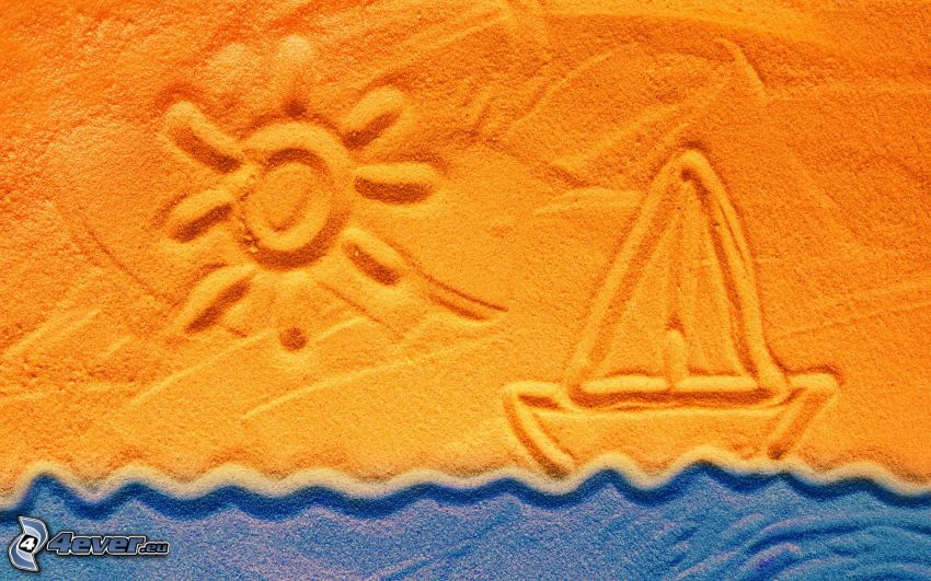 navire, soleil, mer, sable