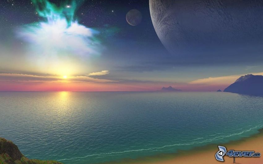 paysage nautique numérique, mer, soleil, lune, planètes