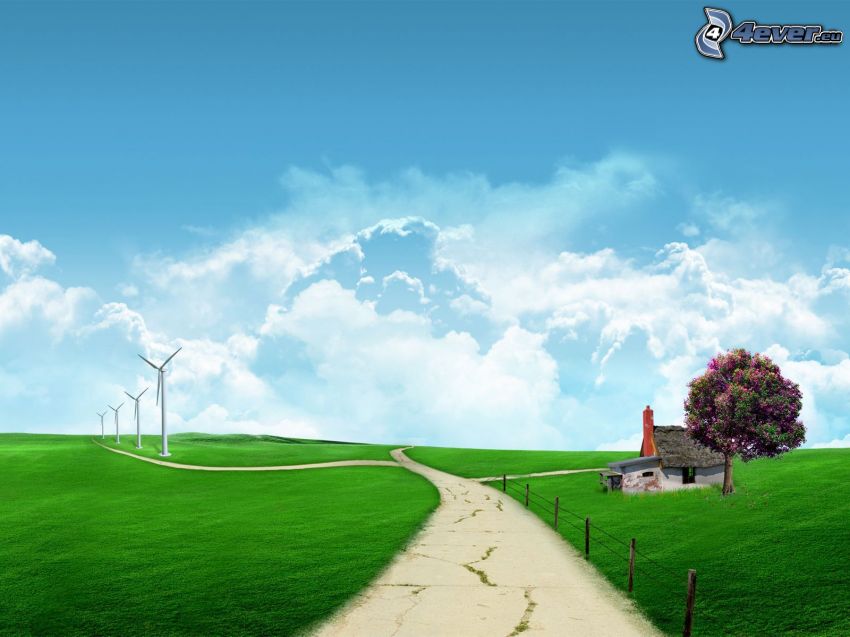 prairie virtuelle, route, la maison abandonnée, arbre, énergie éolienne