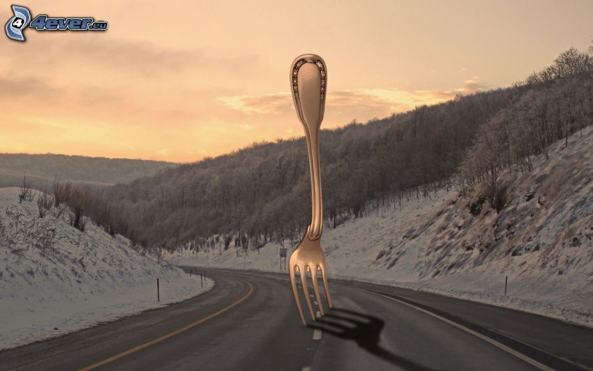 route, fourchette, neige, arbres, après le coucher du soleil