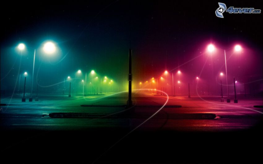 rue, nuit, lampadaires, couleurs