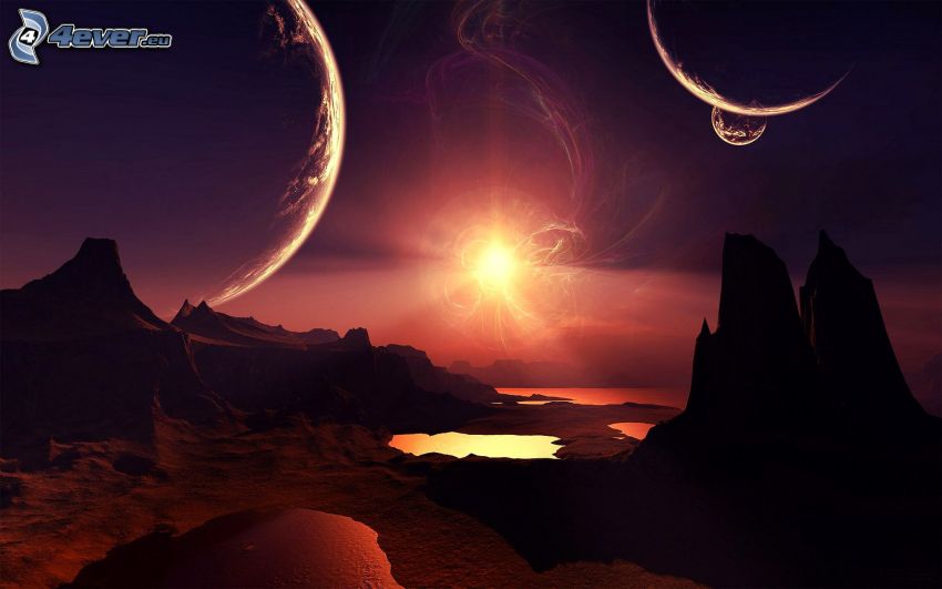 sci-fi paysage, soleil, rochers, planètes