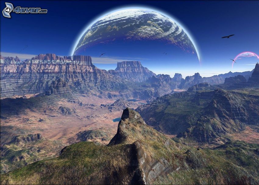 sci-fi paysage, vue sur les montagnes, planète Terre