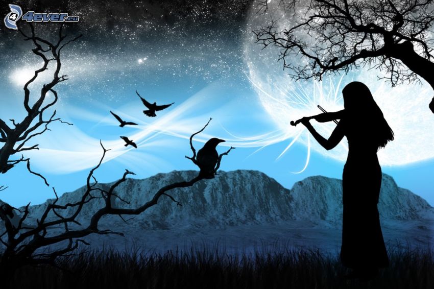 silhouette de femme, violoniste, le corbeau, montagne, lune, étoiles