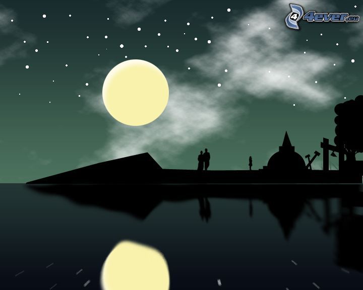 silhouette du couple, lune pleine, eau, reflexion