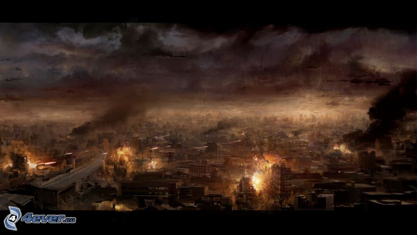 ville apocalyptique, vue sur la ville, ville dans la nuit, explosion