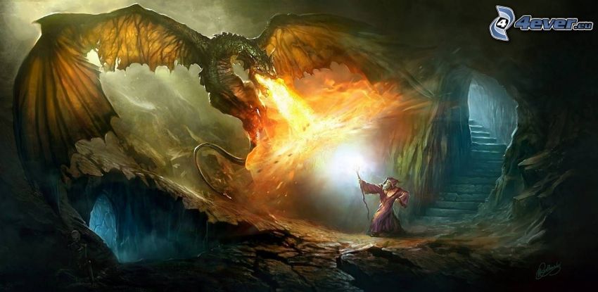 dragon dessiné, flamme, personnage dessiné, grotte