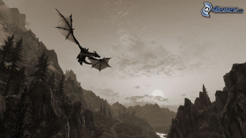dragon volant, montagne, rochers