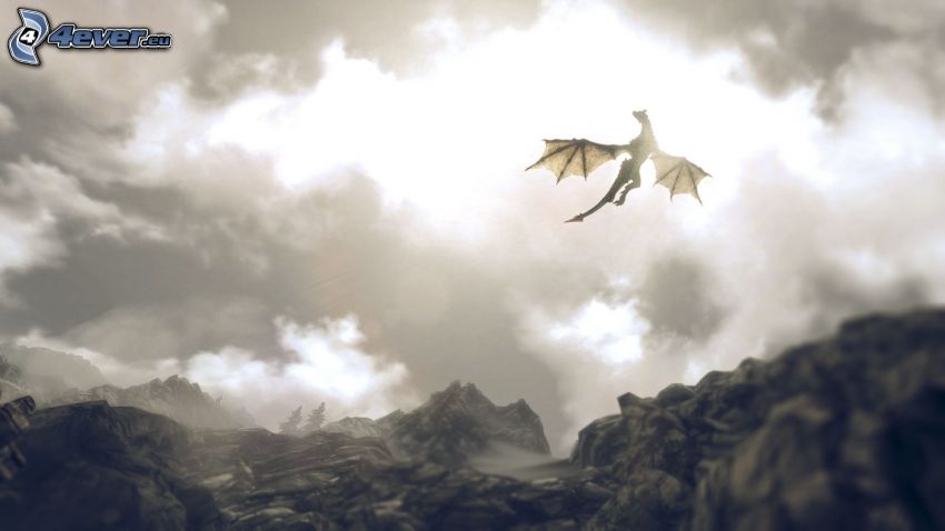 dragon volant, nuages, montagne
